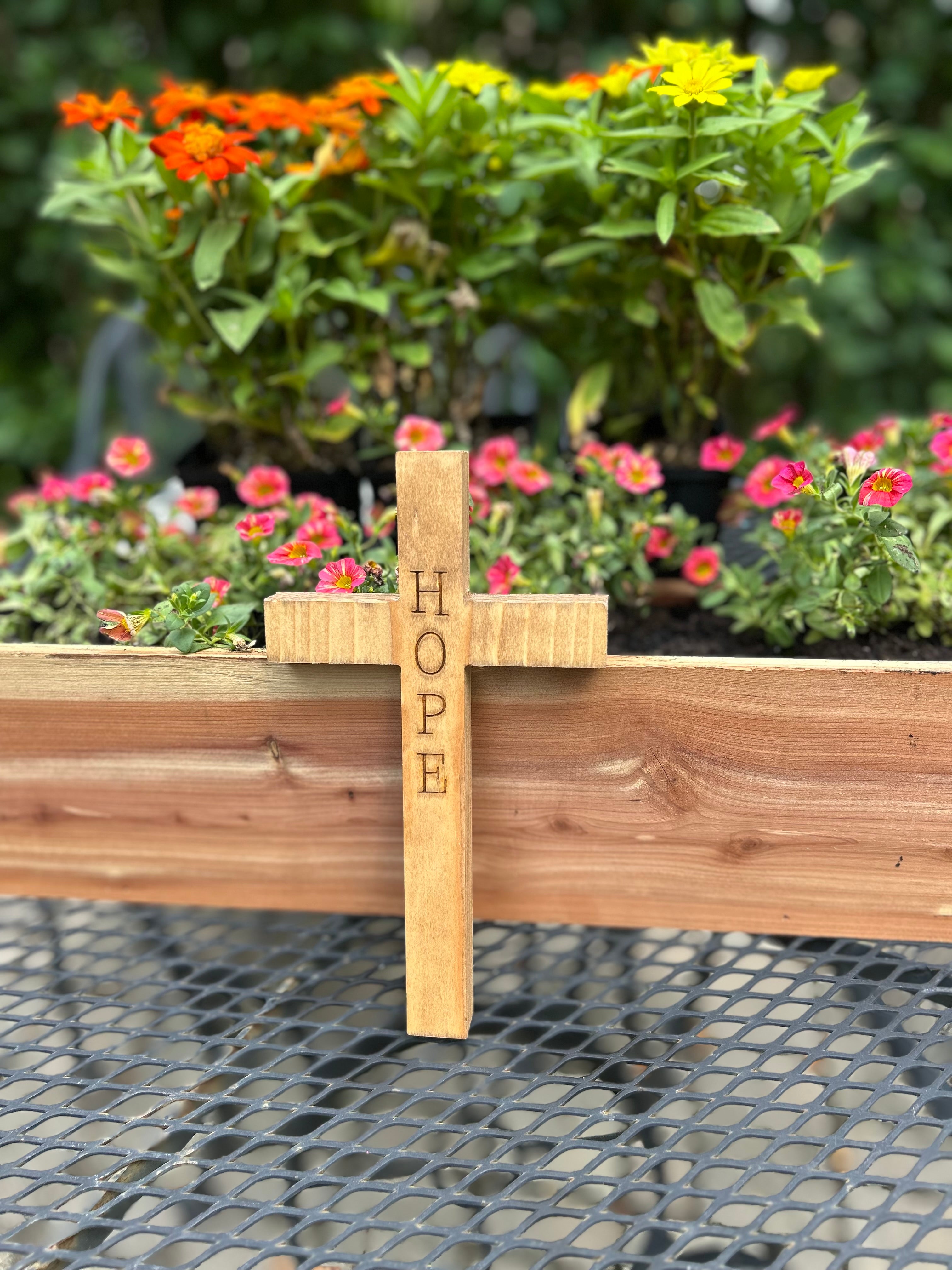 Handcrafted Christian Cross in reclaimed oak, pine, or red cedar, 9 inches high, custom engraved.