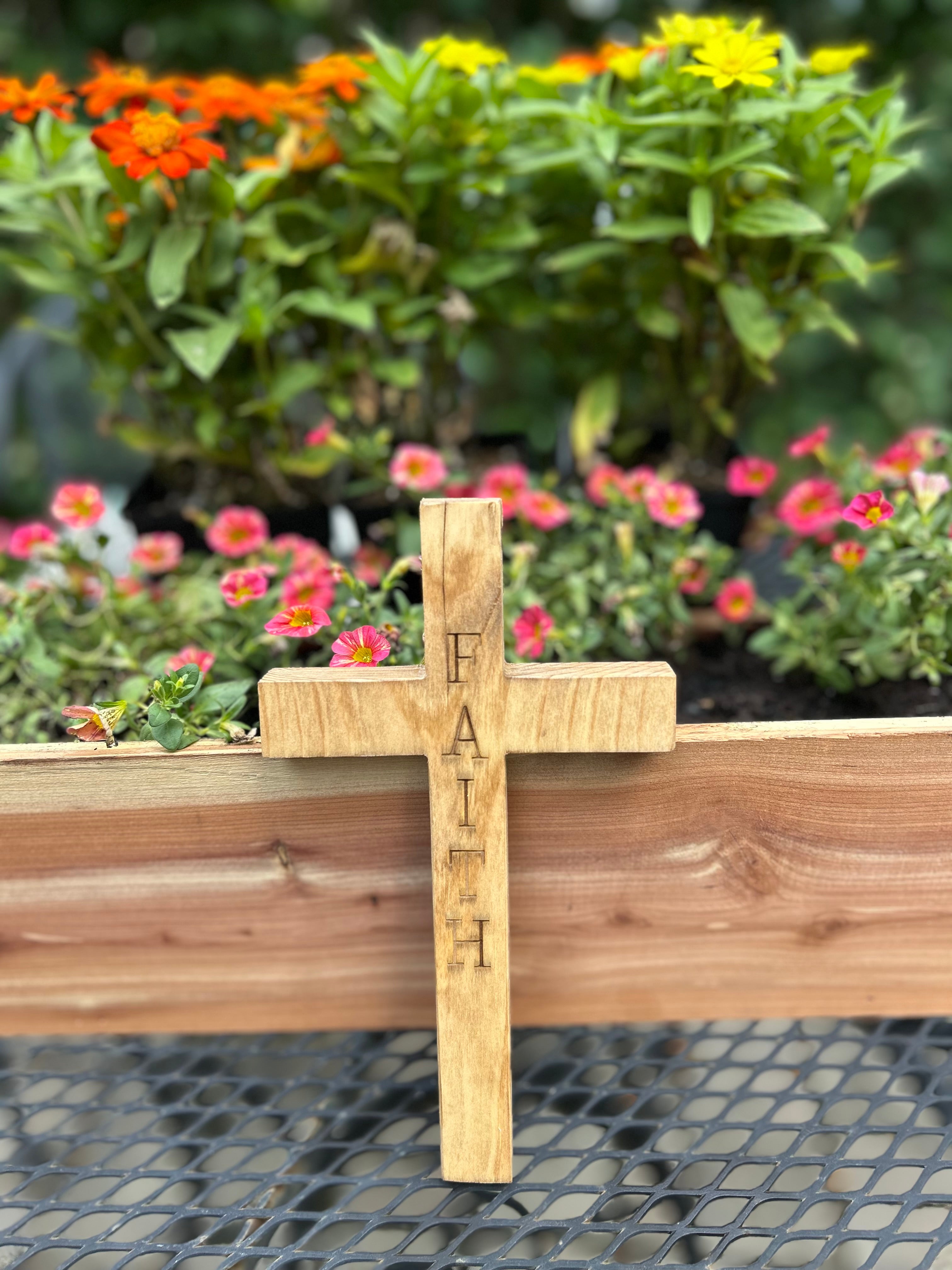 Handcrafted Christian Cross in reclaimed oak, pine, or red cedar, 9 inches high, custom engraved.