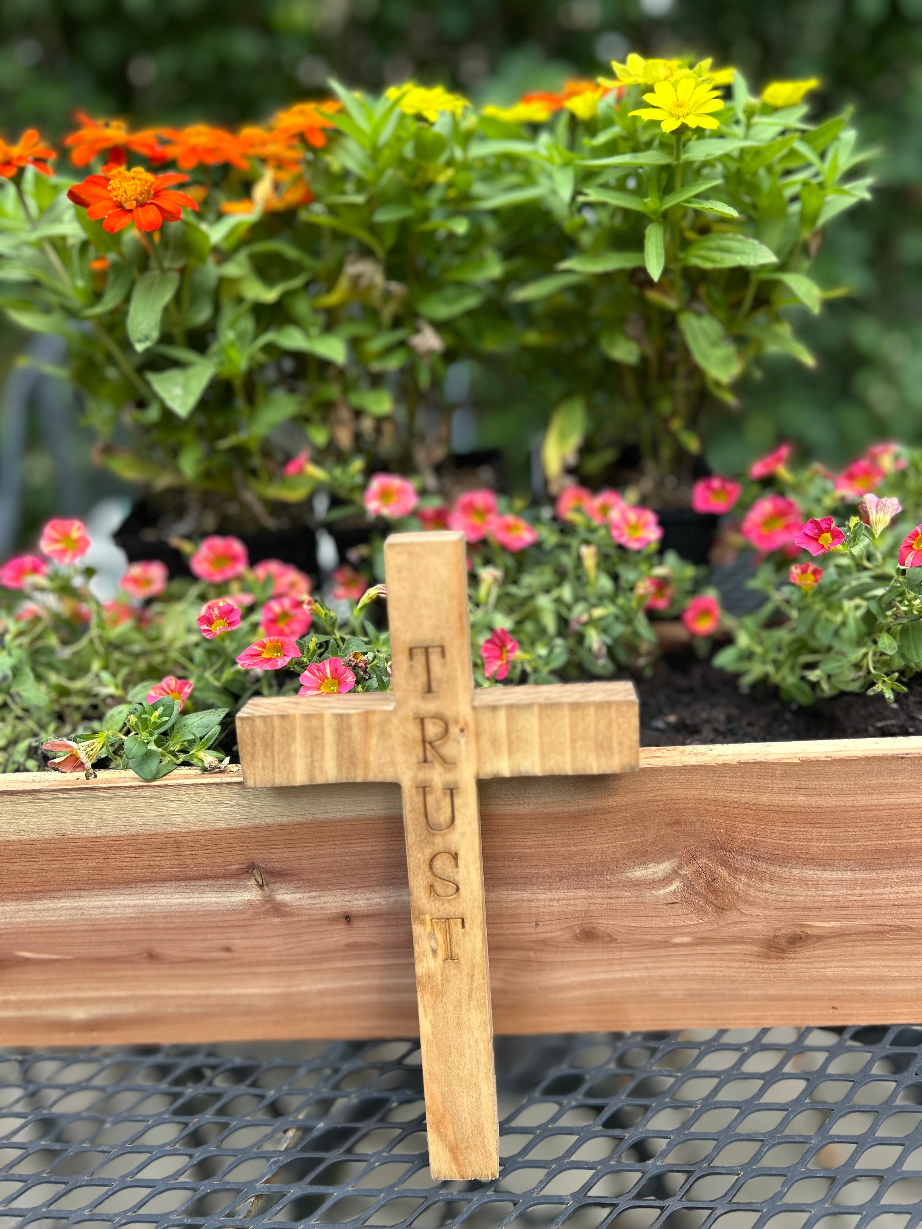 Handcrafted Christian Cross in reclaimed oak, pine, or red cedar, 9 inches high, custom engraved.