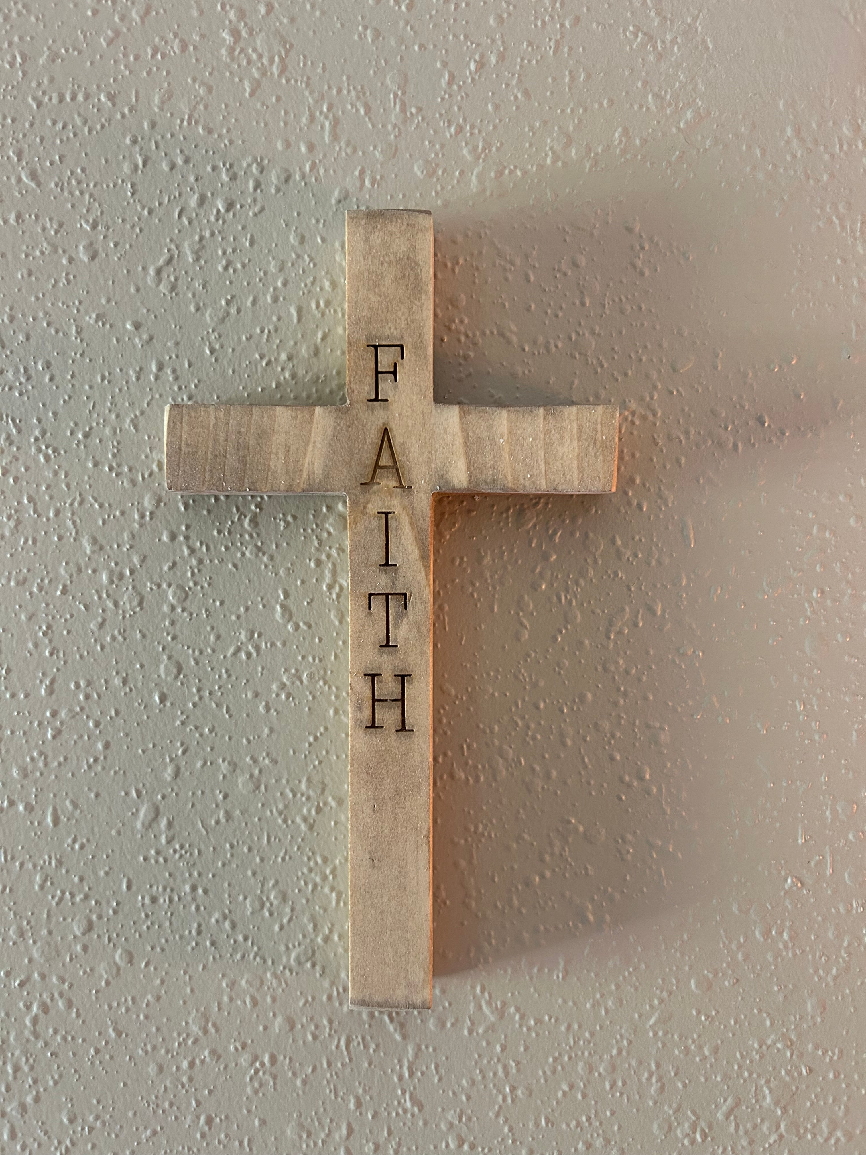 Handcrafted Christian Cross in reclaimed oak, pine, or red cedar, 9 inches high, custom engraved.