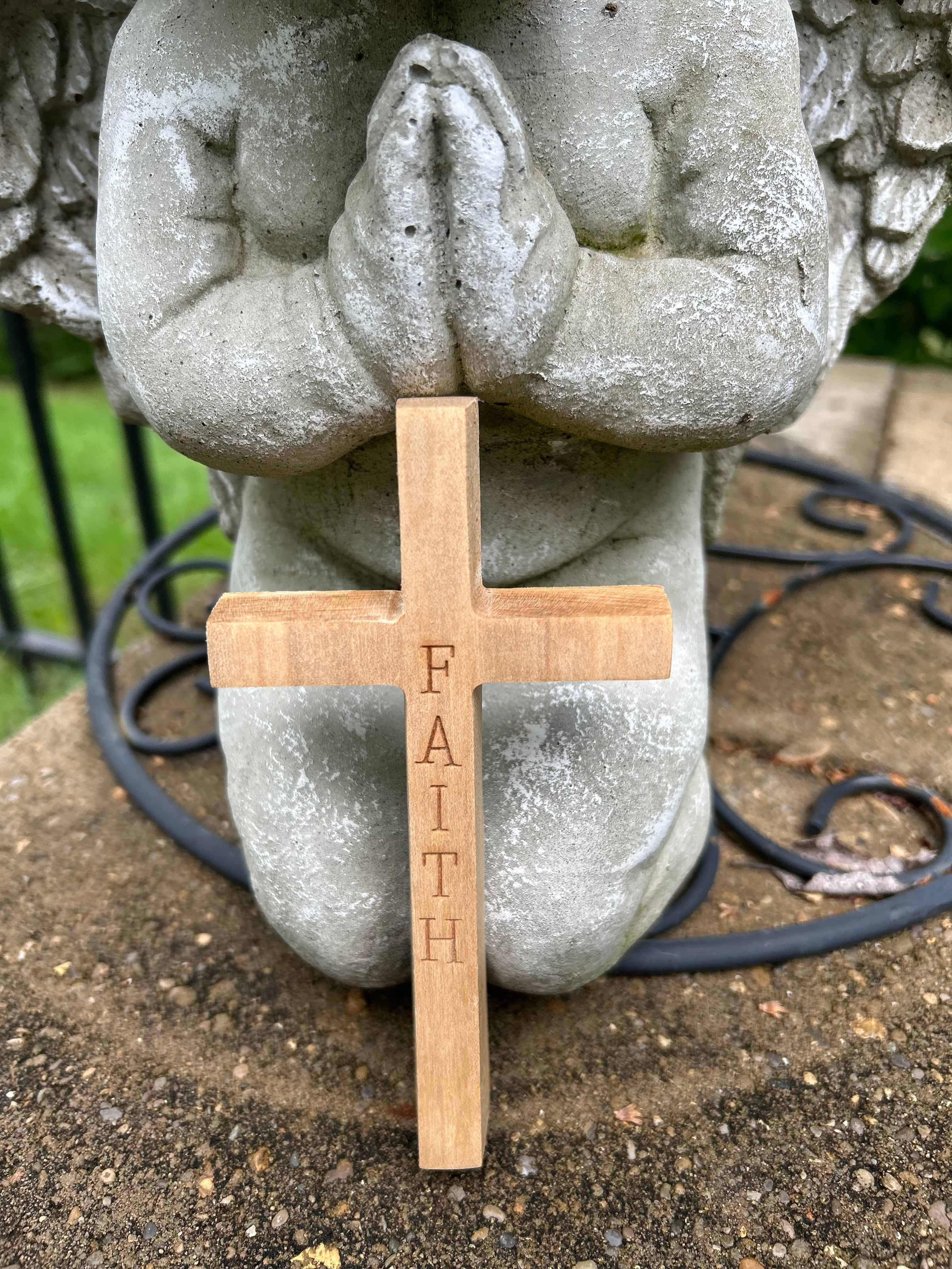 Handcrafted Christian Cross in reclaimed oak, 5 inches high, custom engraved.