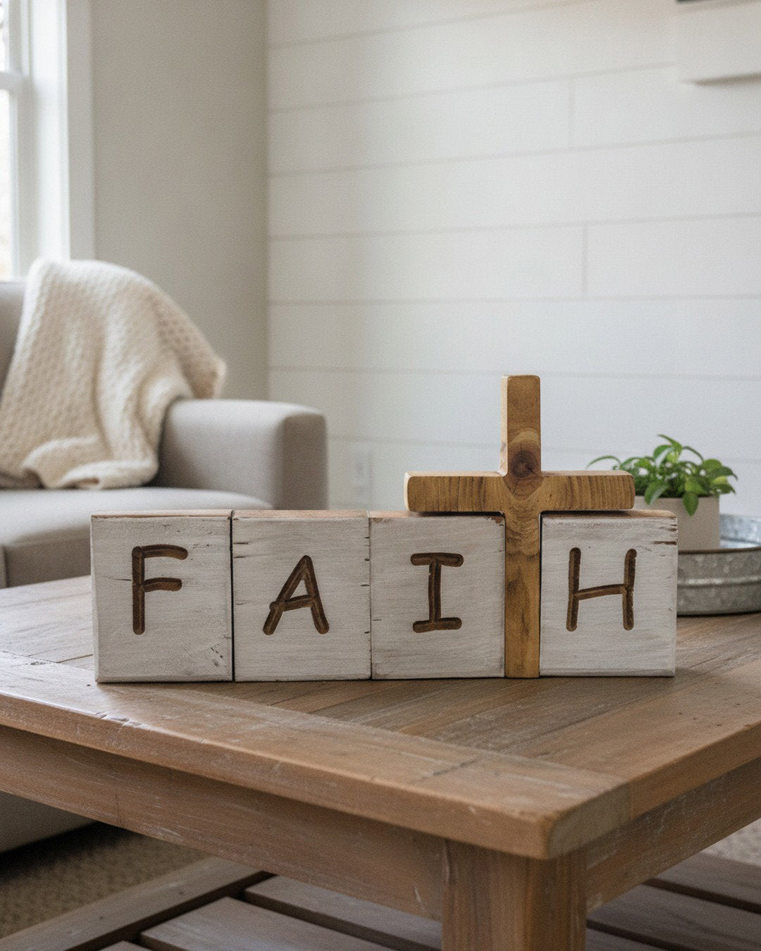 Tennessee handcrafted faith blocks with 6.25-inch cross on whitewashed pine for Christian decor.