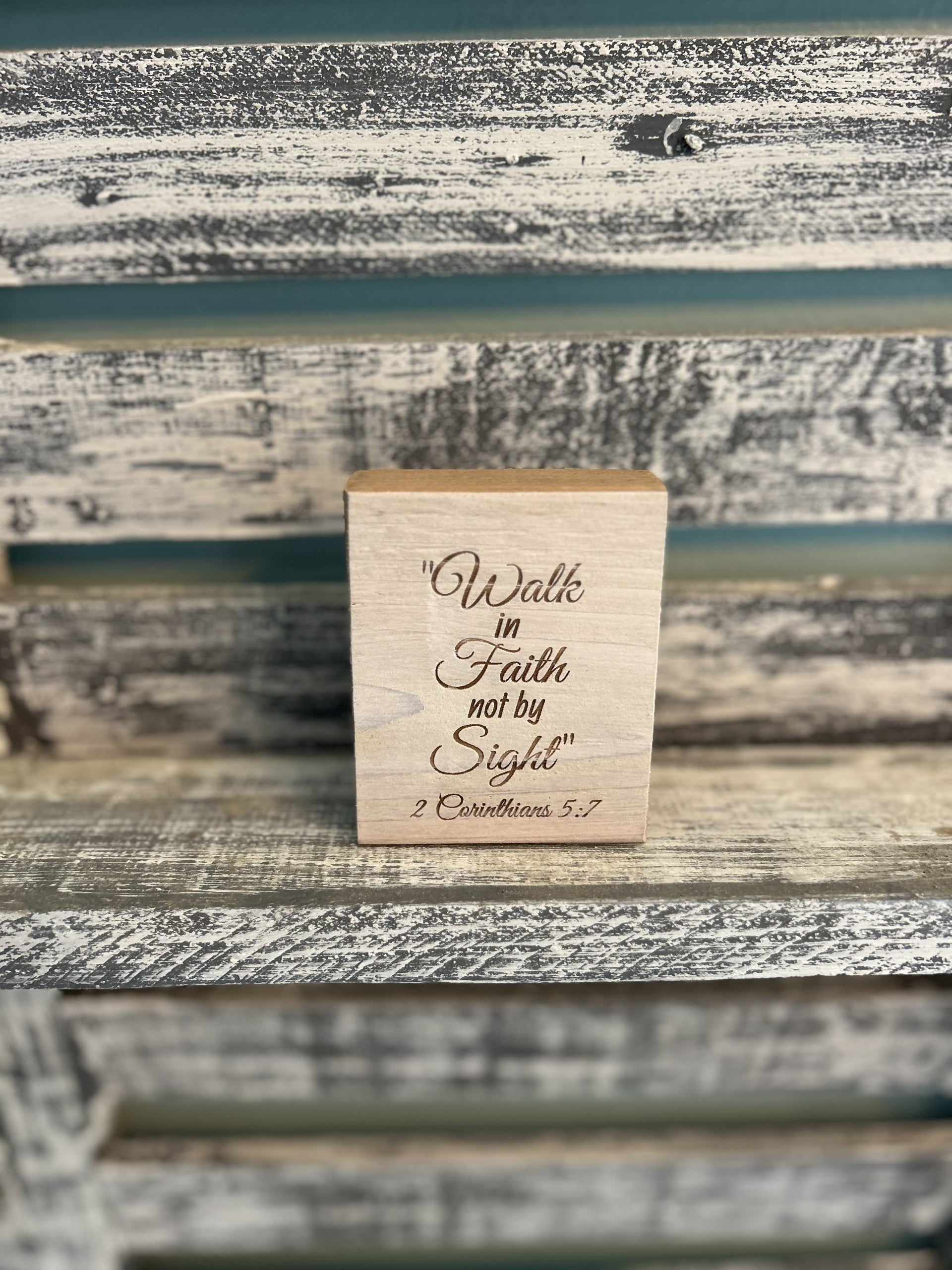 Wooden decor block with 'Walk in Faith not by Sight' engraving by Port Royal Woodworks