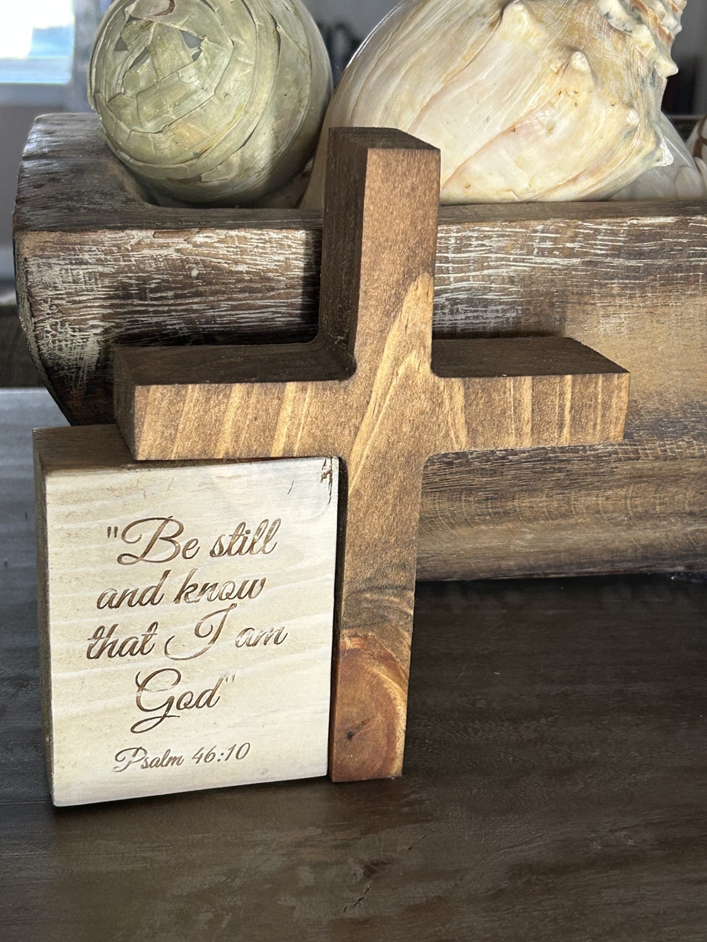Handcrafted wooden cross and engraved scripture with Psalm 46:10 by Port Royal Woodworks