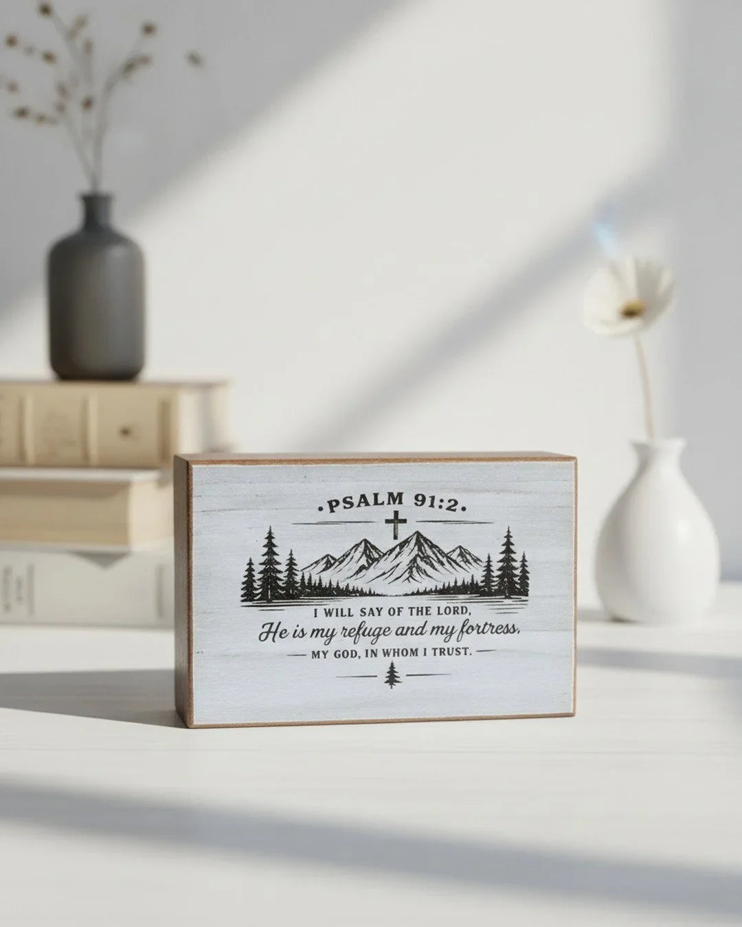 Wooden home decor with Psalm 91:2 scripture, mountain and tree design for home decor