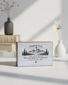 Wooden home decor with Psalm 91:2 scripture, mountain and tree design for home decor