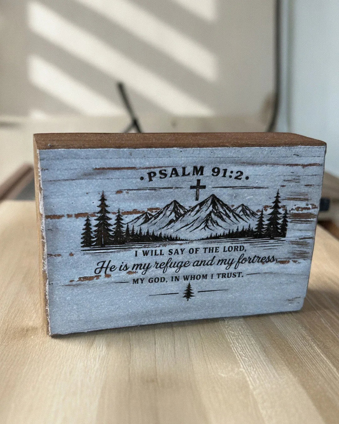 Wooden home decor with Psalm 91:2, mountain and tree design, rustic home decor