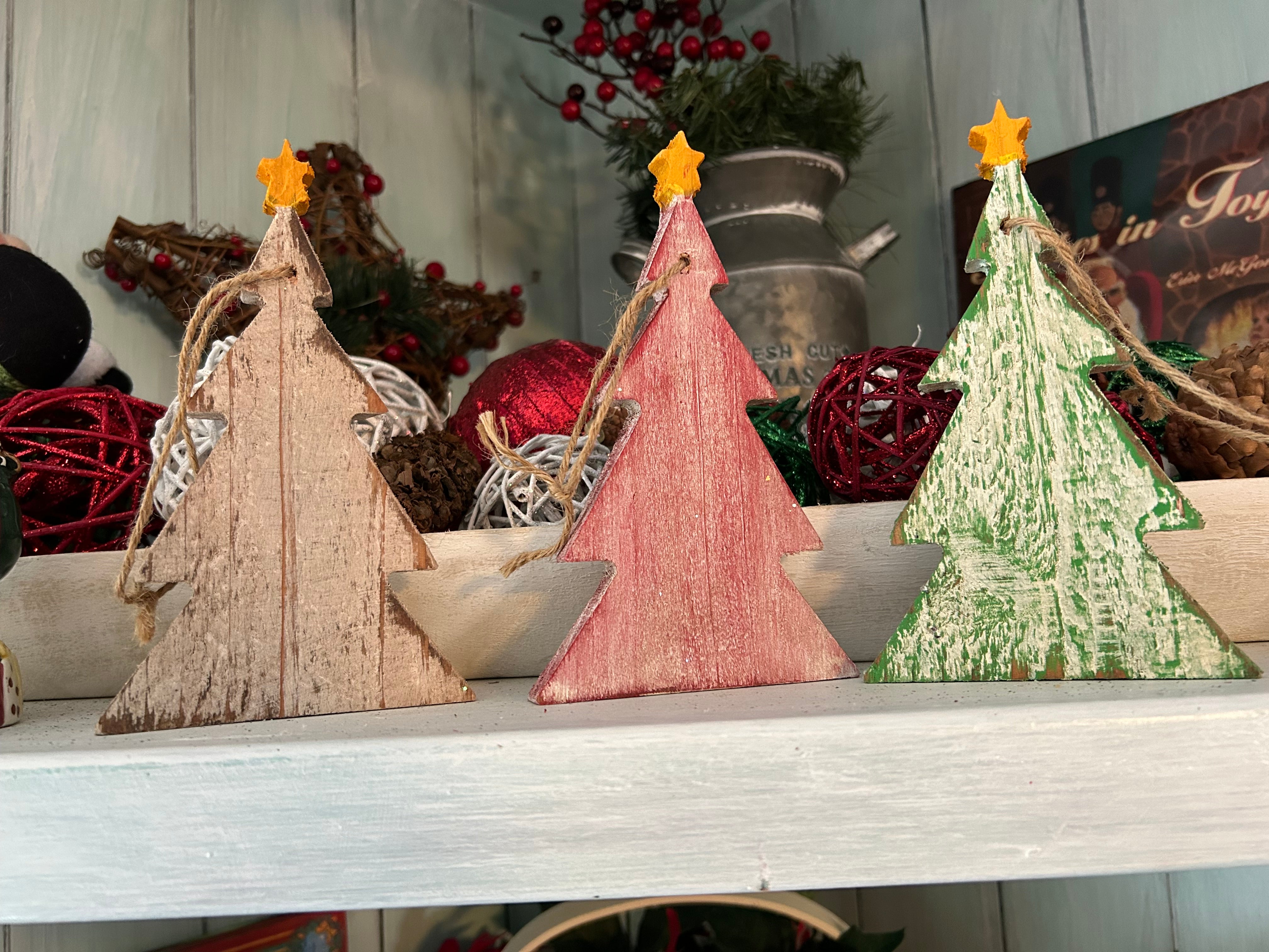 Handcrafted Whitewashed Red or Green Christmas Tree Ornament 