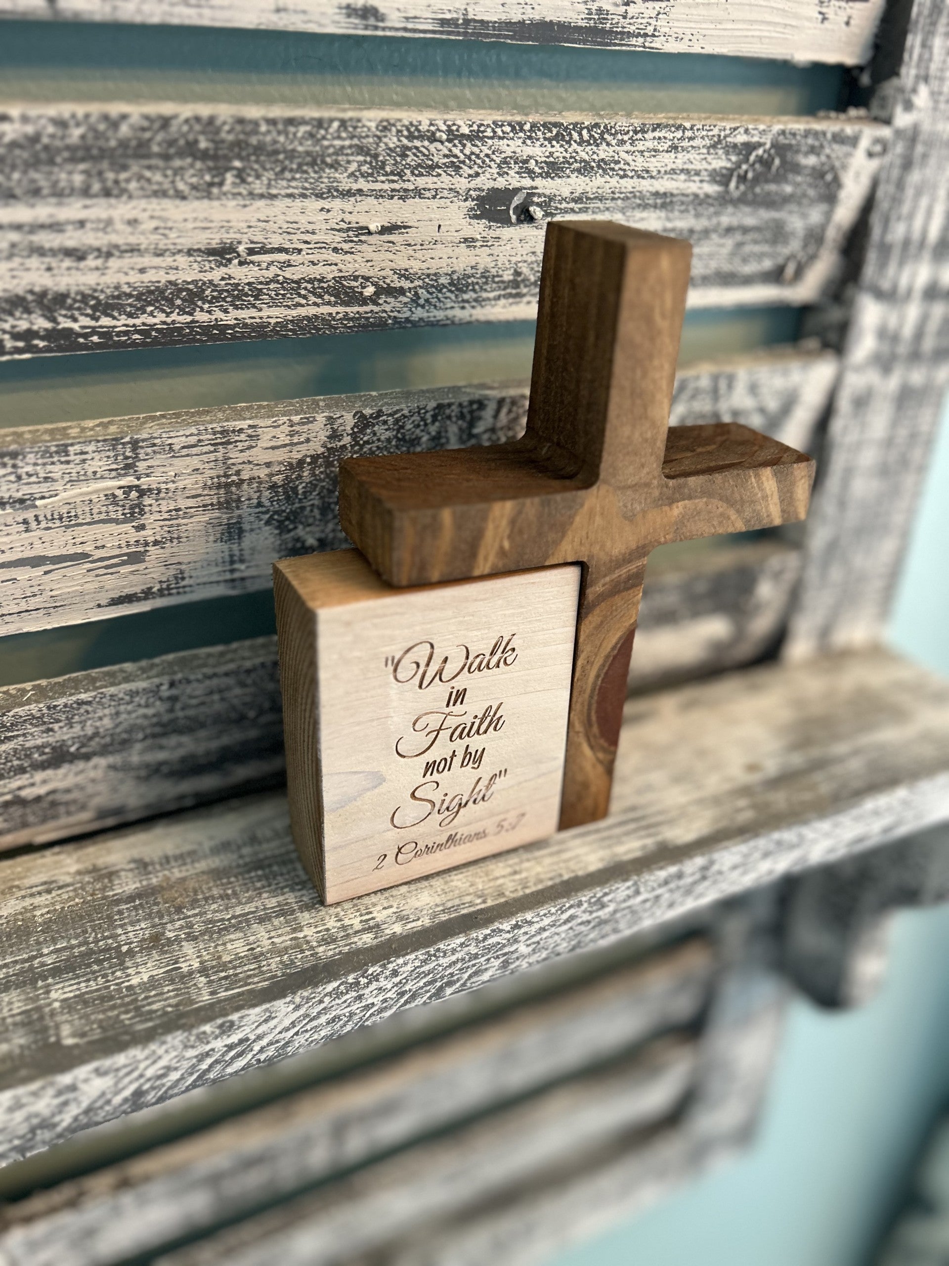 Handcrafted wooden cross decor with Corinthians verse on rustic shelf, Port Royal Woodworks