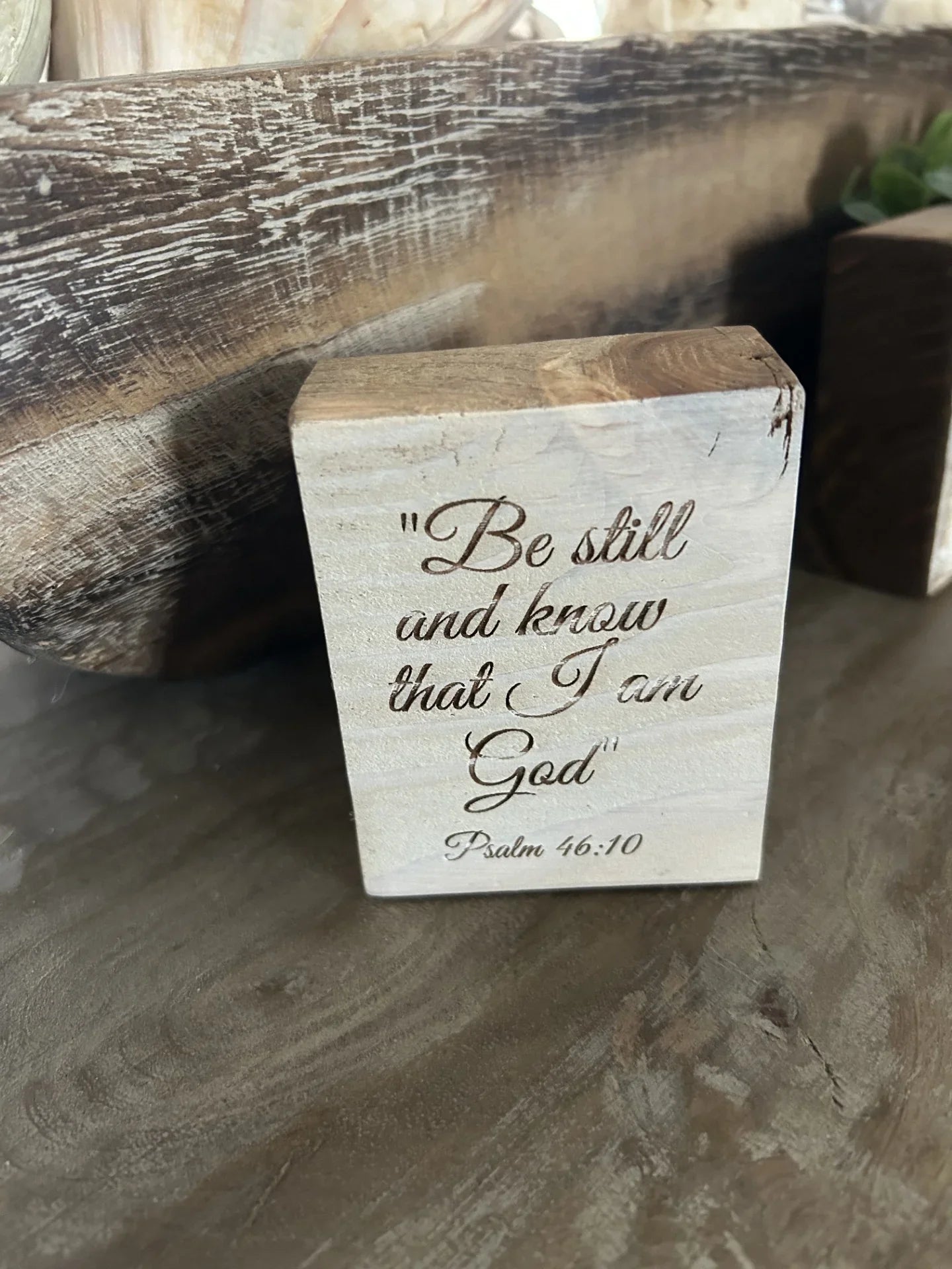 Engraved wood block with Psalm 46:10 scripture, handmade by Port Royal Woodworks
