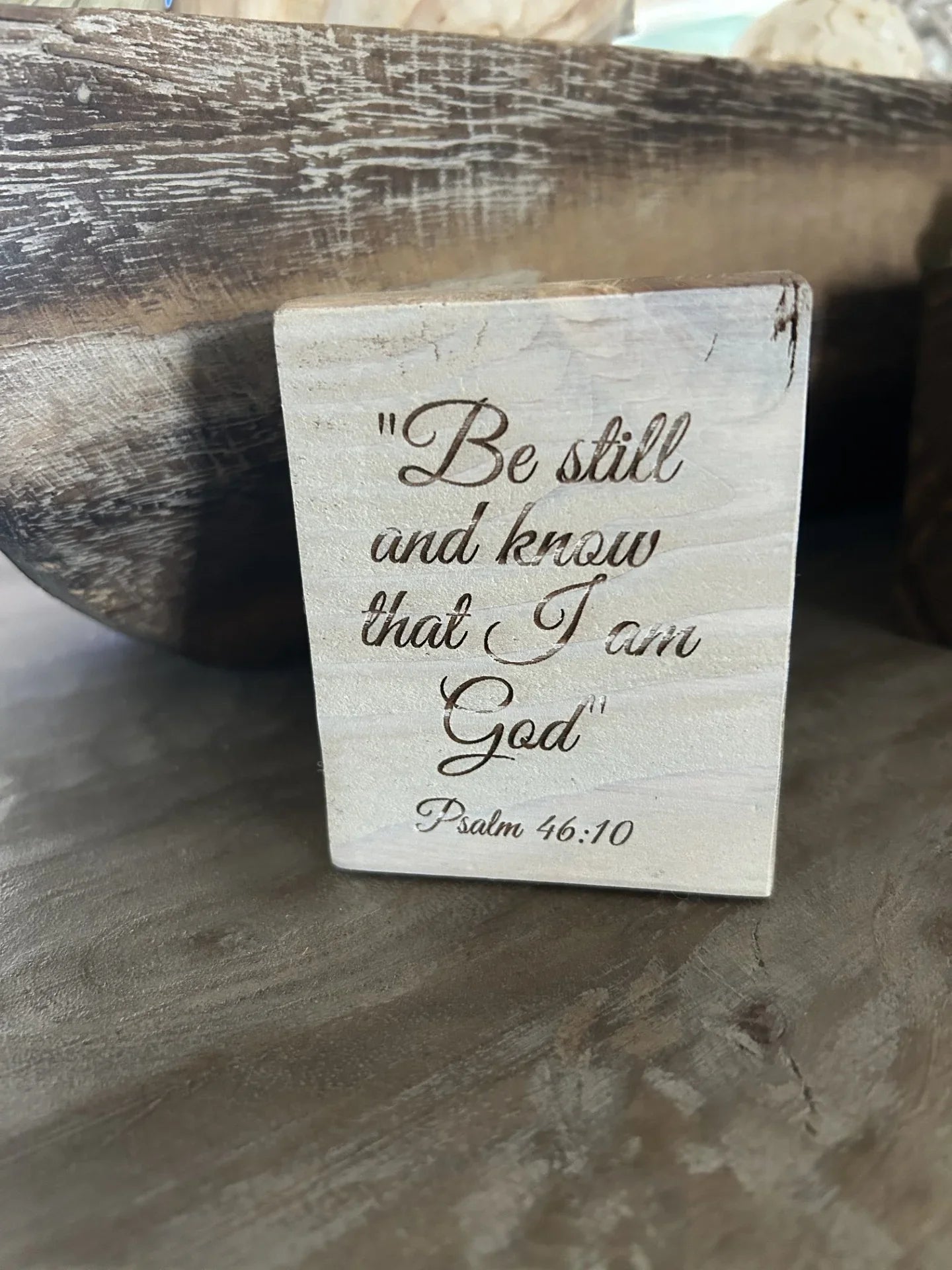 Engraved wood block with Psalm 46:10 scripture, rustic decor by Port Royal Woodworks