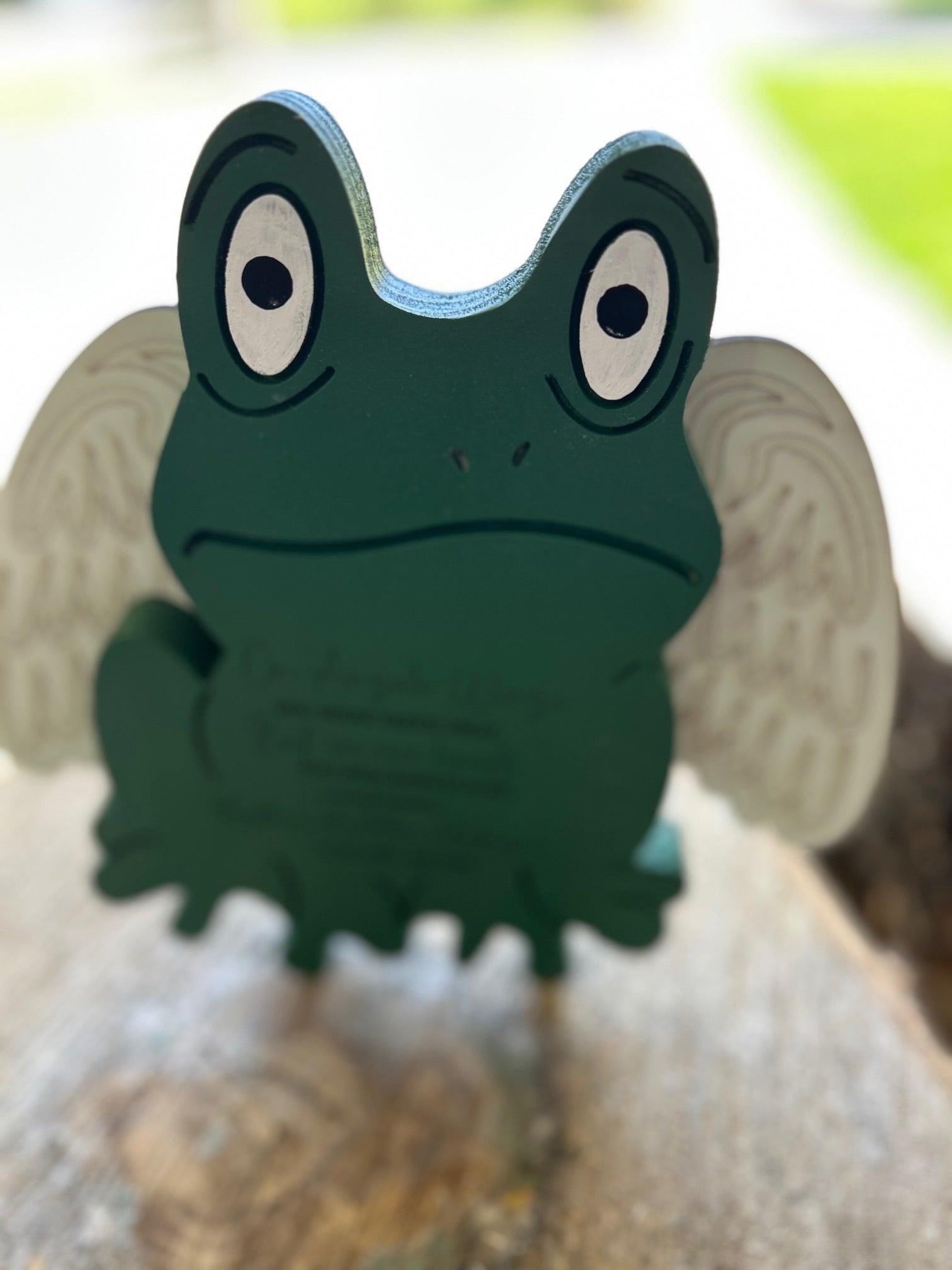 Handmade wood-carved green frog figurine with white angel wings
