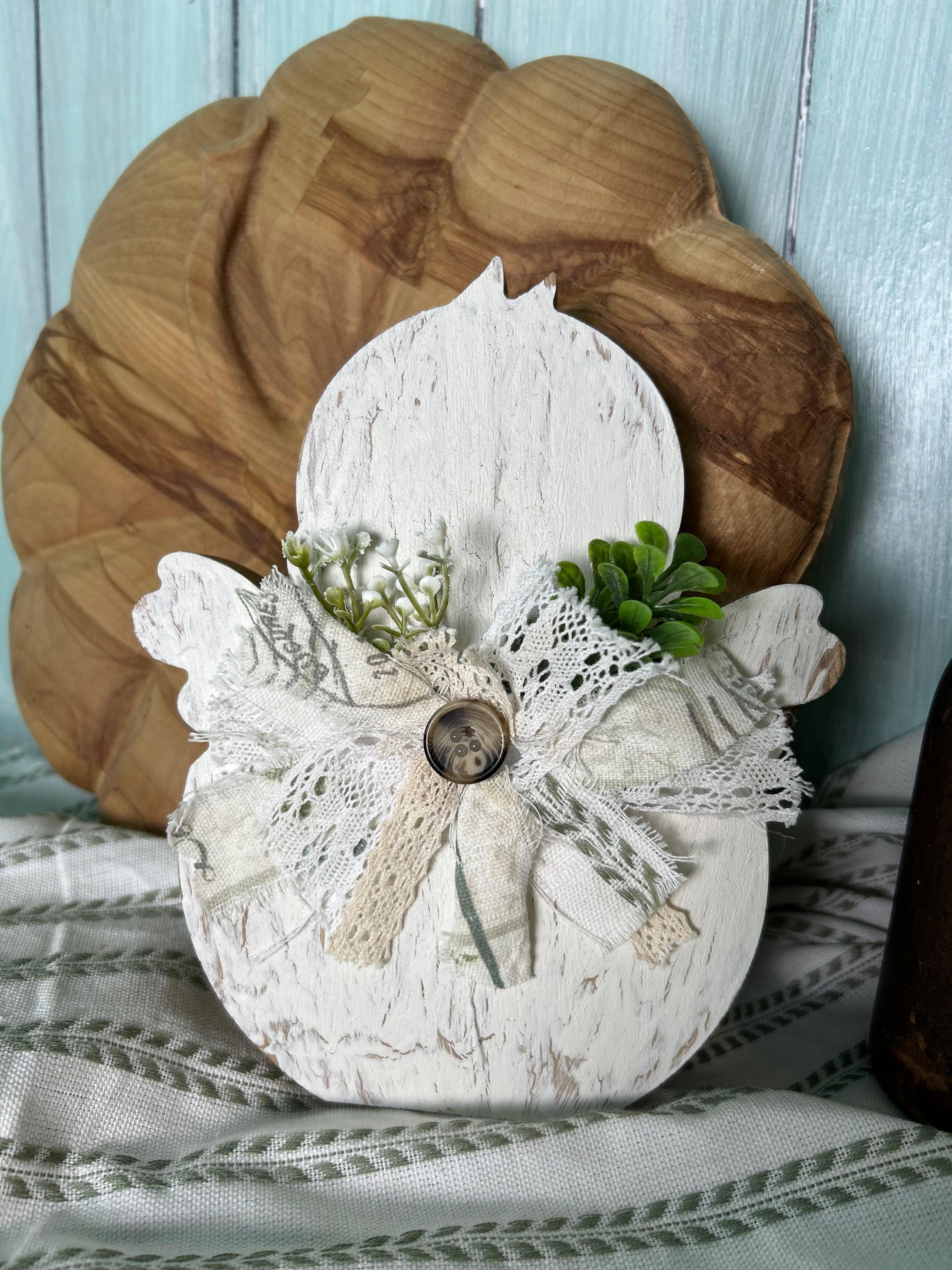 Handmade, hand-painted white crackle-style decorative chick with white ribbon, ideal for home decor, Easter, or Spring settings.