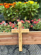 Handcrafted Christian Cross in reclaimed oak, pine, or red cedar, 9 inches high, custom engraved.