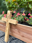 Handcrafted Christian Cross in reclaimed oak, pine, or red cedar, 9 inches high, custom engraved.