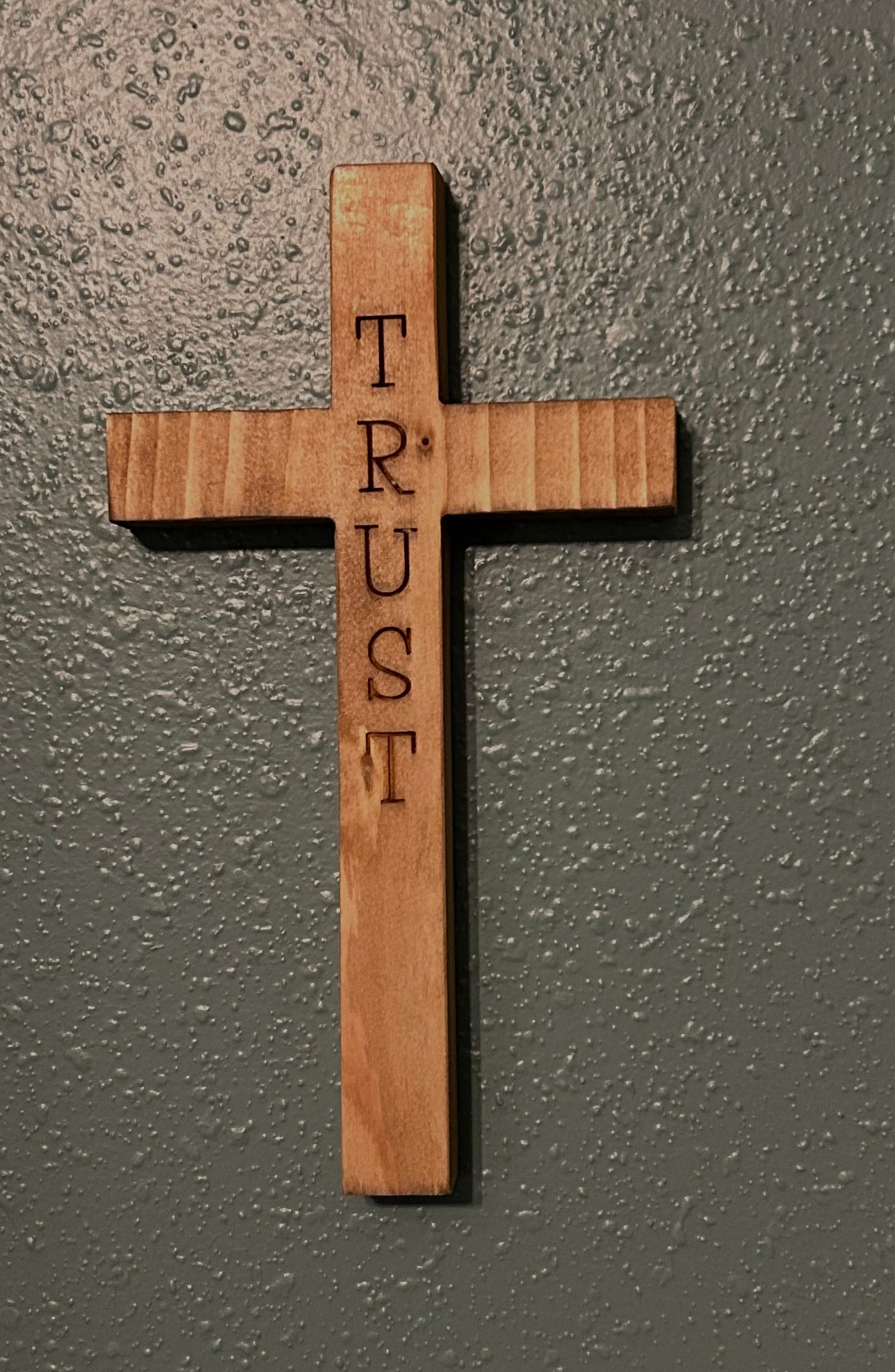 Handcrafted Christian Cross in reclaimed oak, pine, or red cedar, 9 inches high, custom engraved.