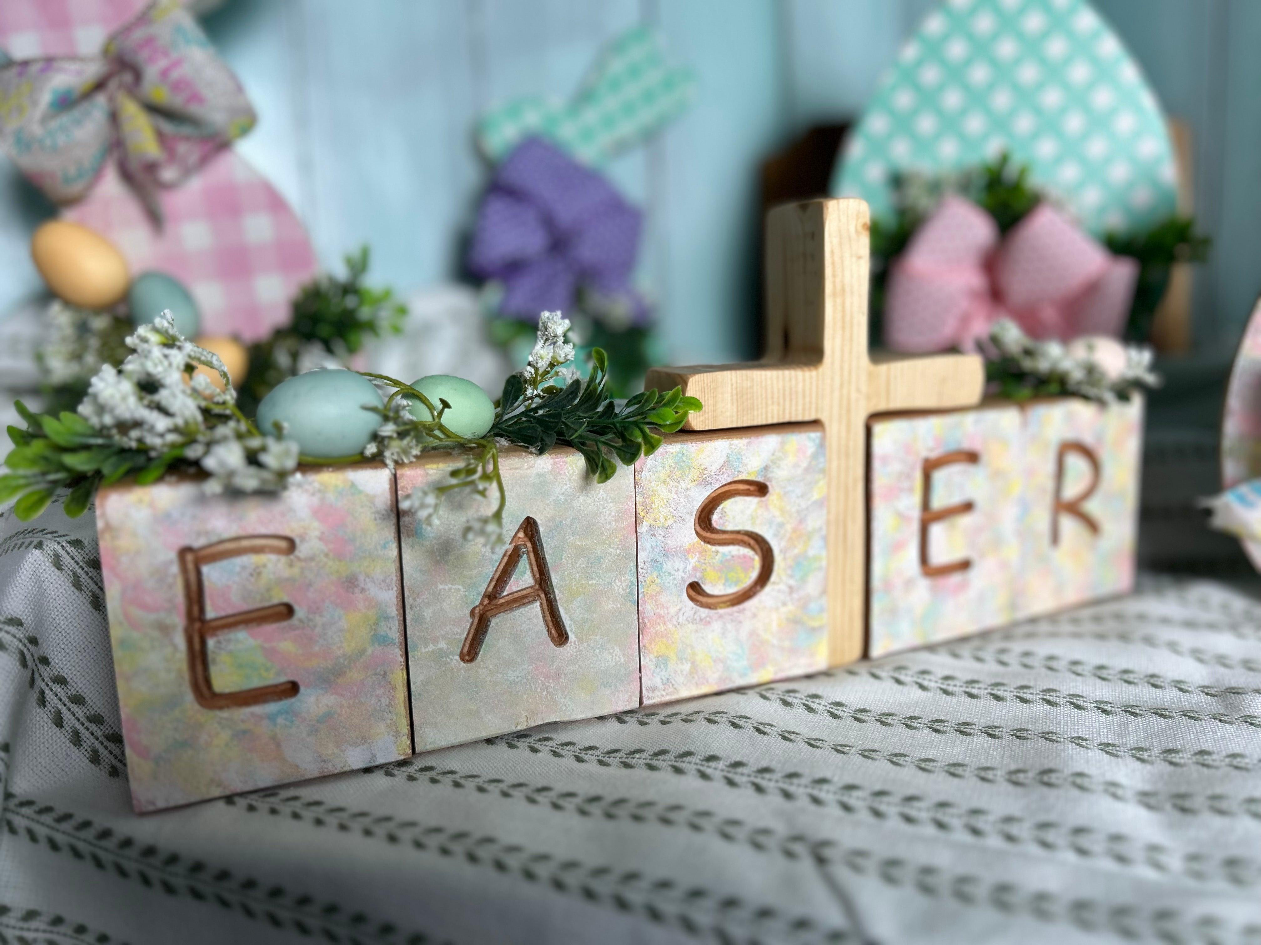 Handcrafted Wood Multi-color Easter Blocks with Cross 
