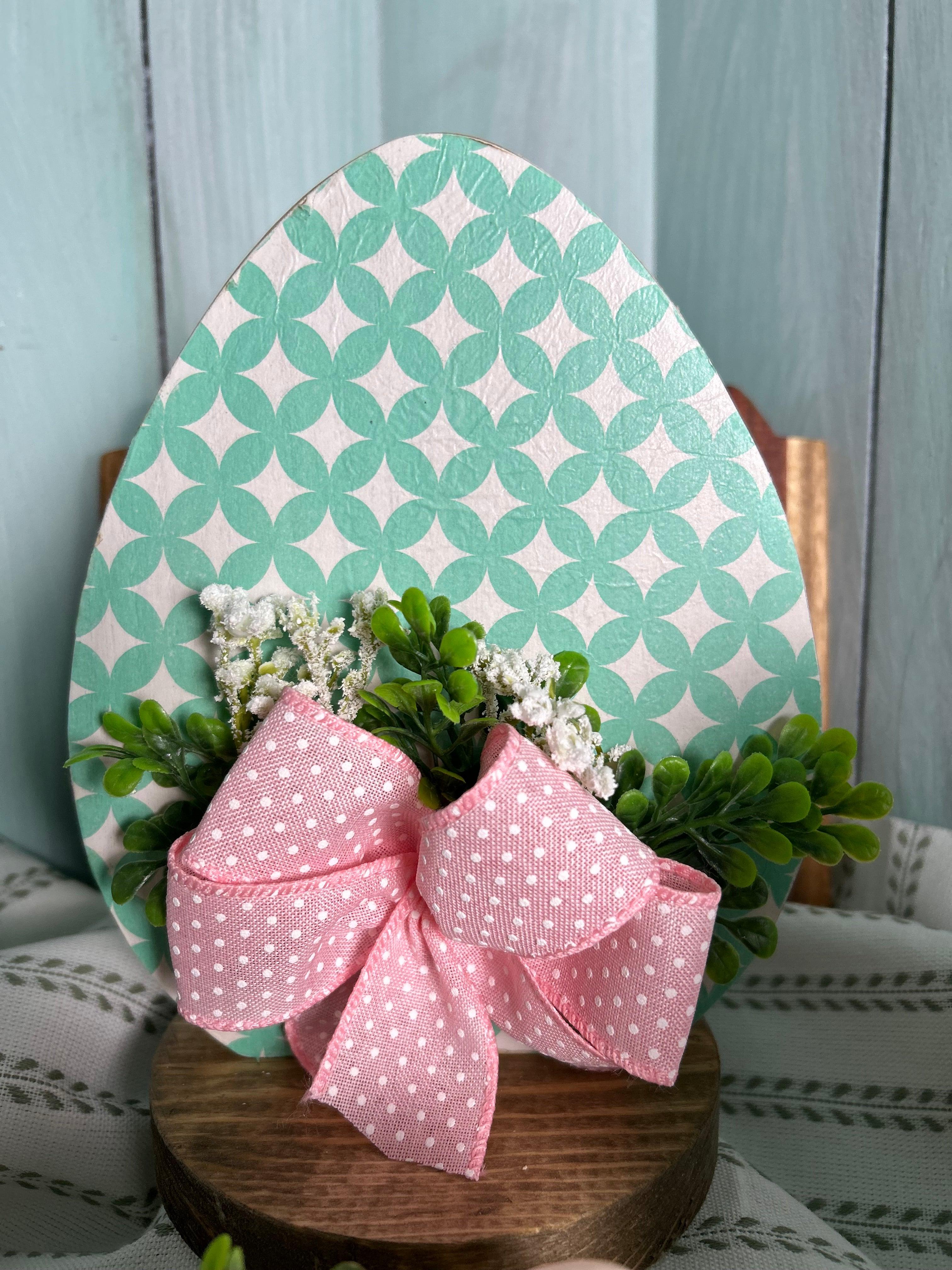 Handcrafted Teal Easter Egg with Pink Ribbon 