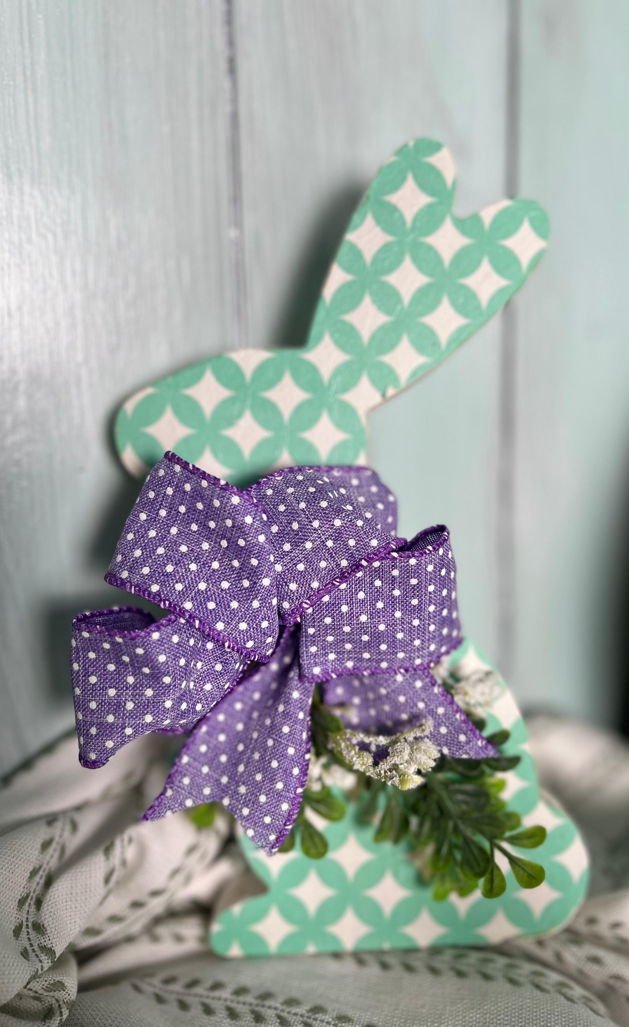 Handcrafted Teal Spring Bunny with Purple Ribbon