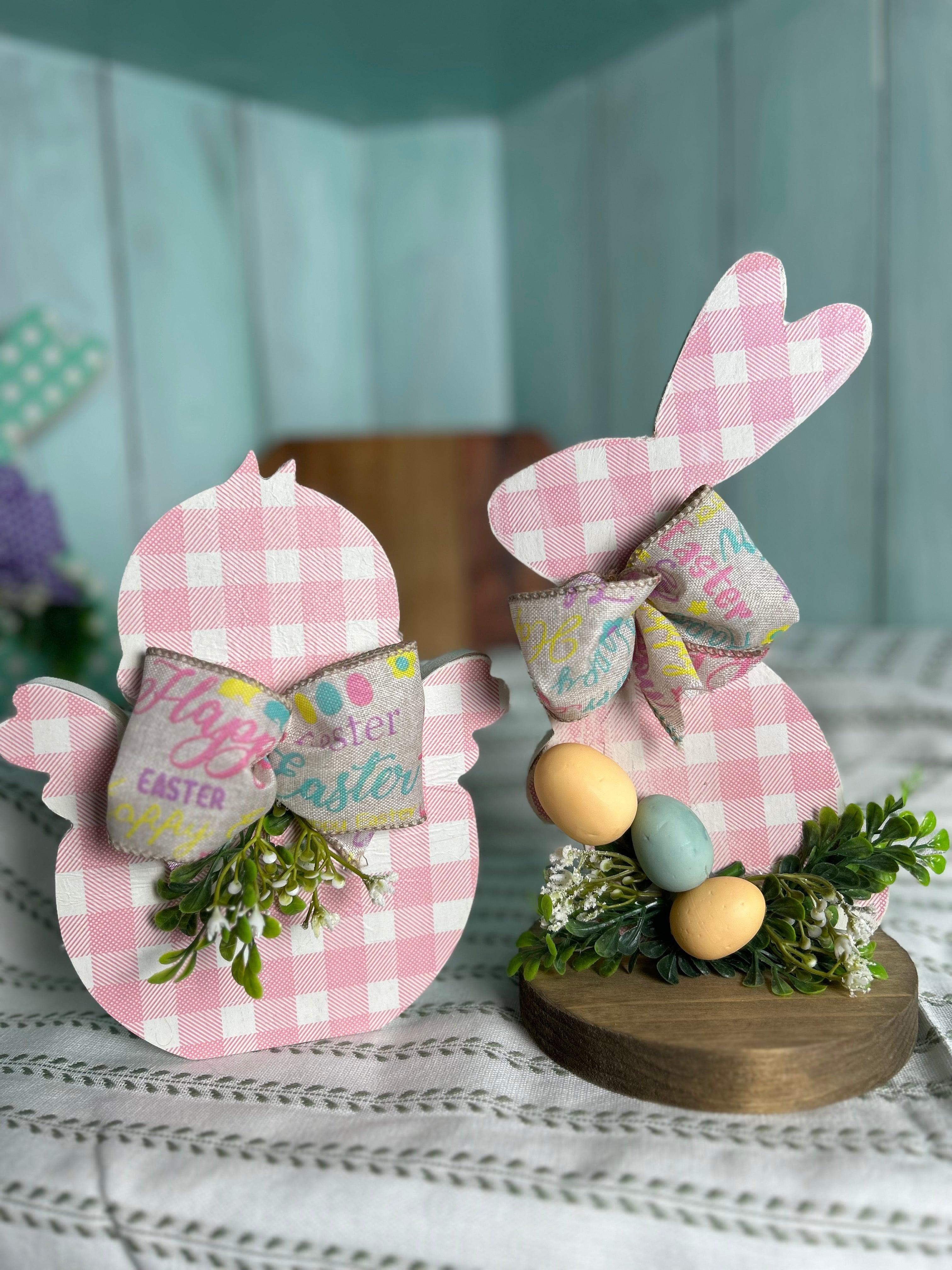 Handcrafted Pink Easter Bunny and Chick with Eggs and Ribbon on Pedestal