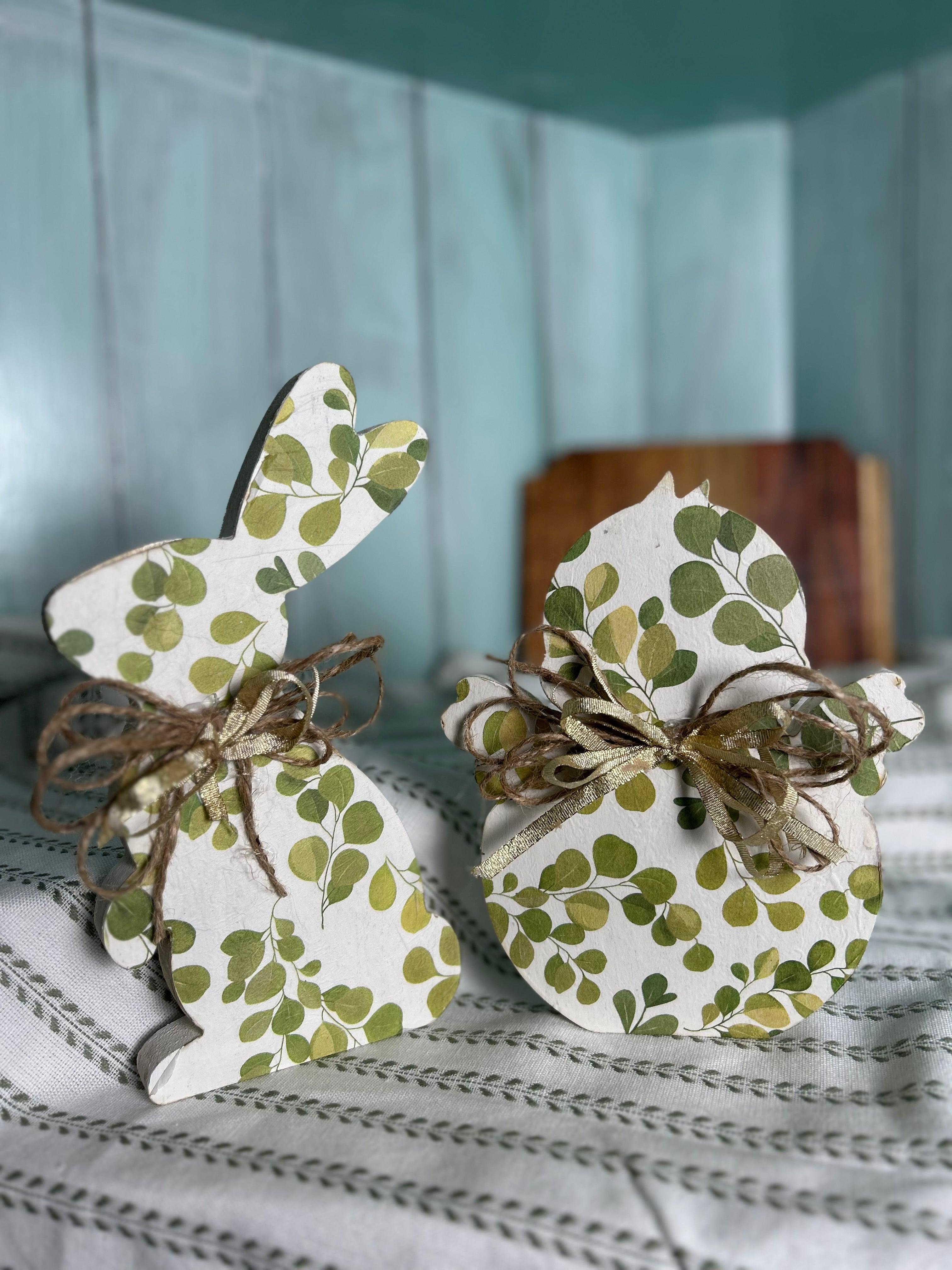 Handcrafted Ivy Green Spring Bunny and Chick with Ribbon