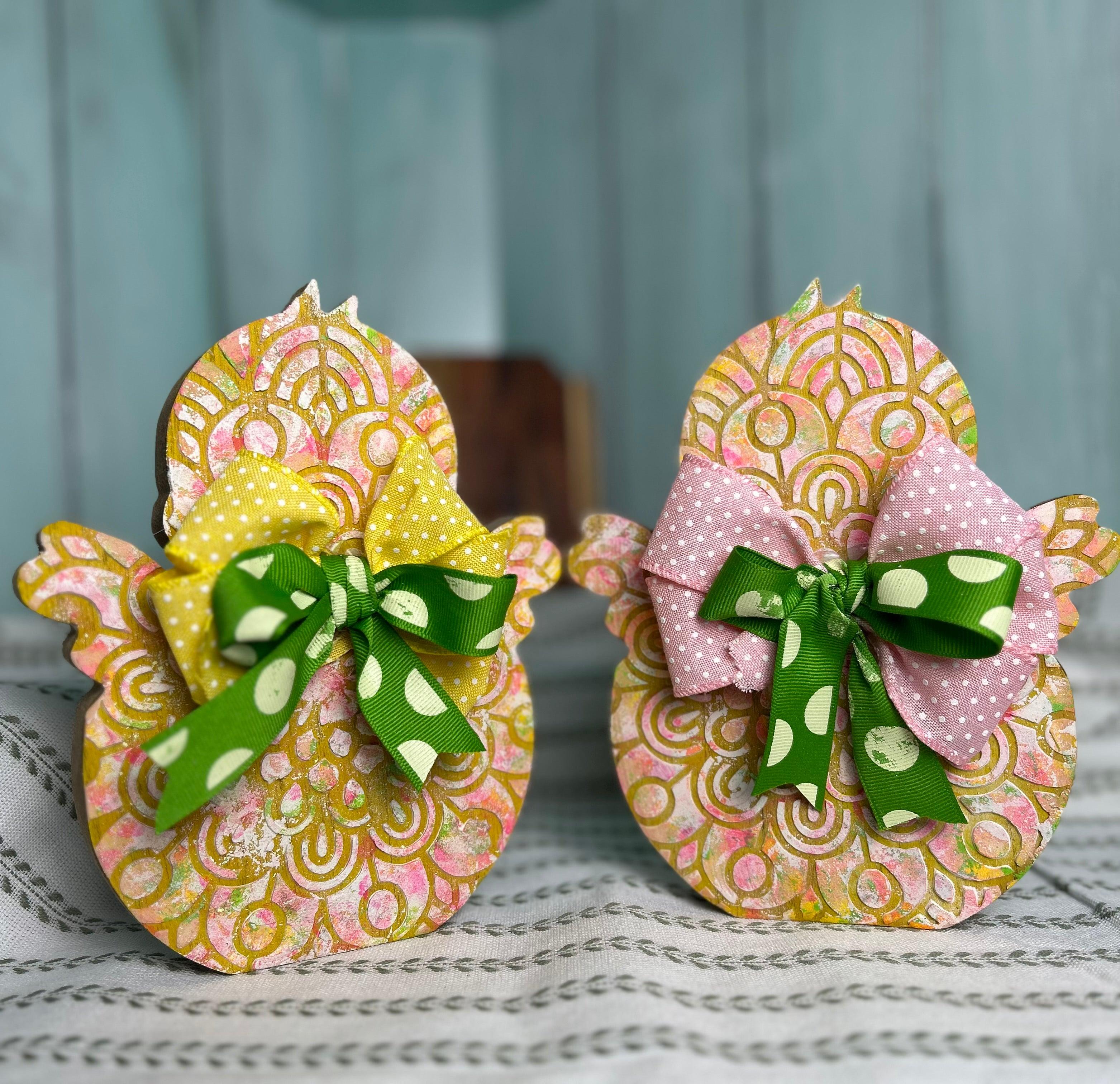 Handcrafted Multi-color Chick with Pink and Green Ribbon 