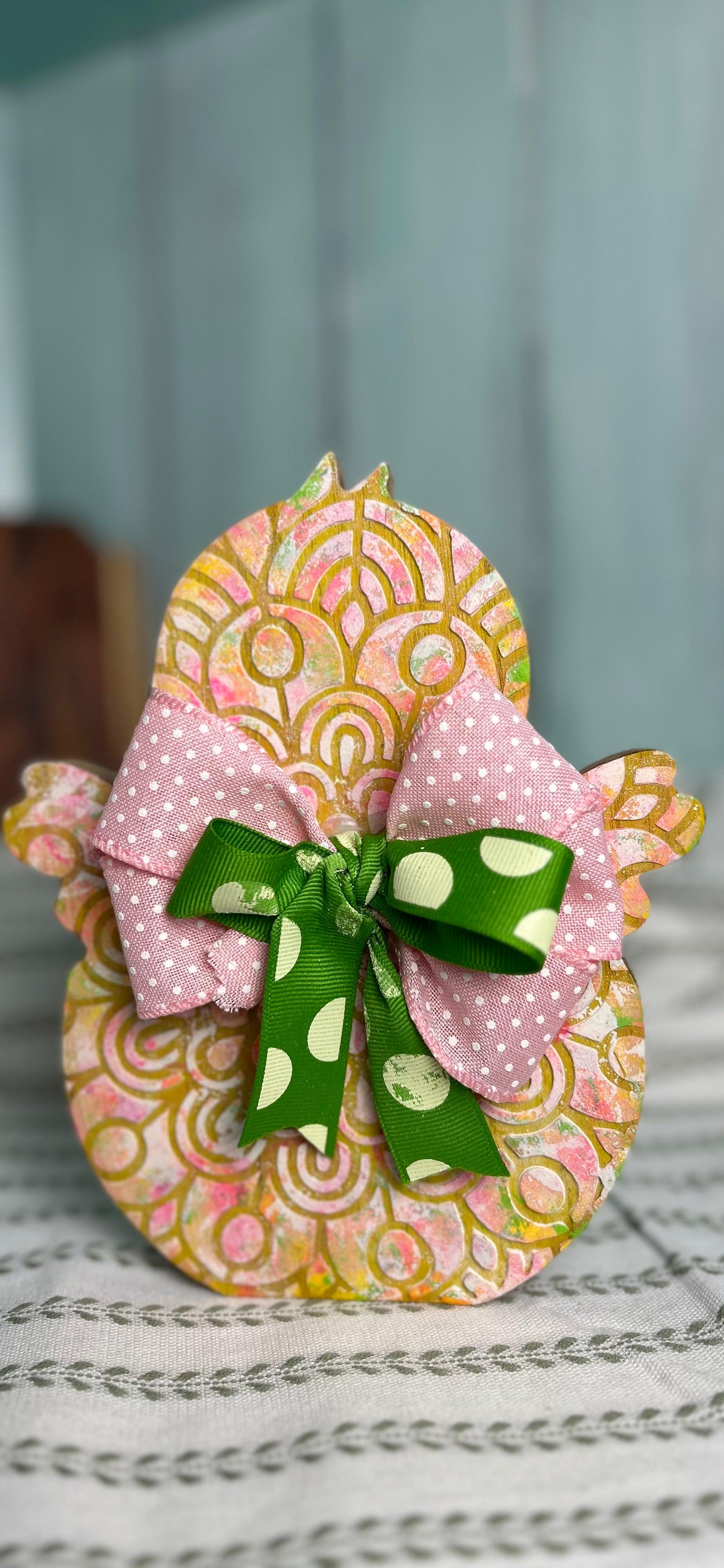 Handcrafted Multi-color Chick with Pink and Green Ribbon 