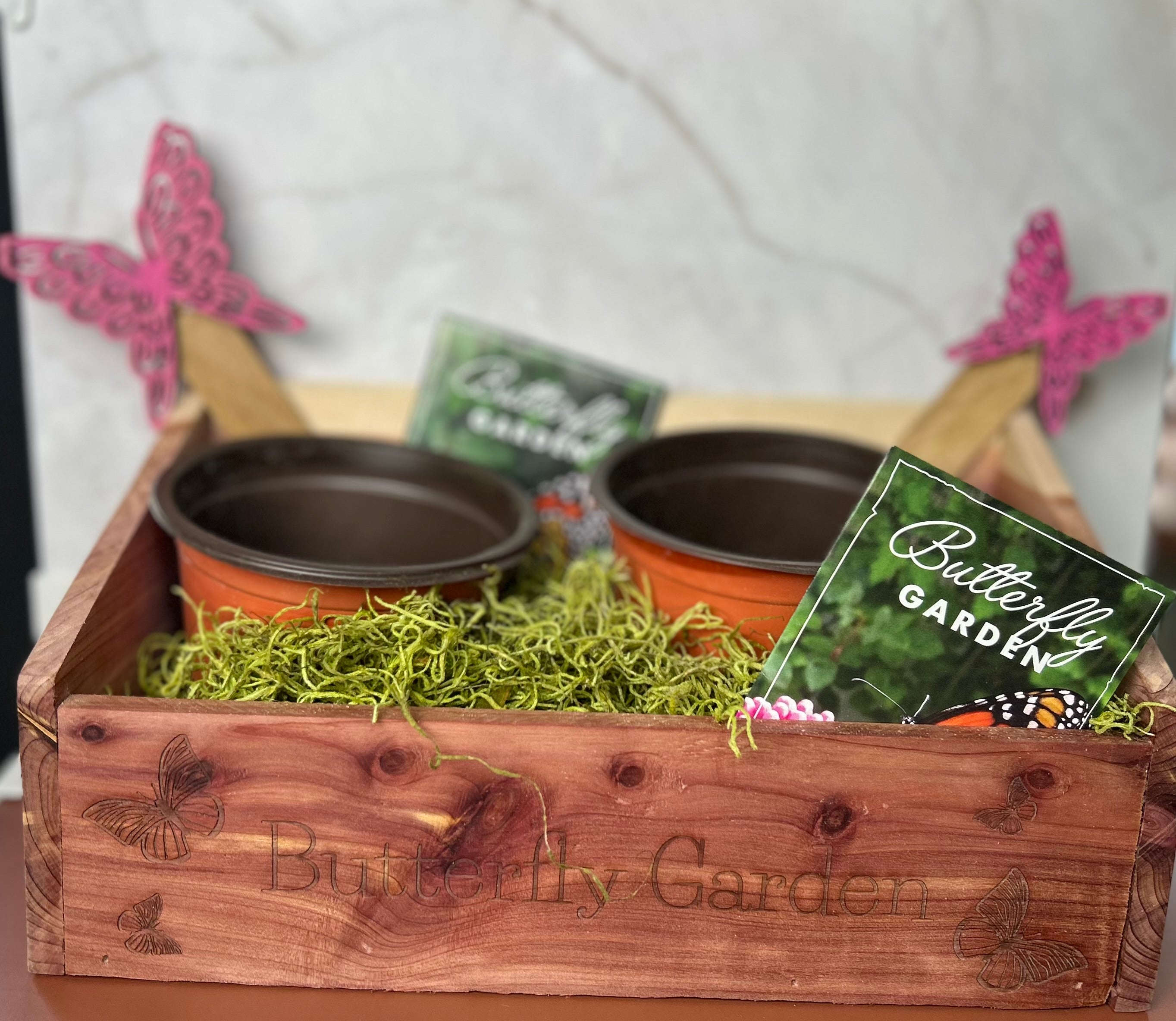 Handcrafted Eastern Red Cedar Butterfly Garden with engraved butterfly designs, displayed on a sunny patio with Monarch Wildflower Seed Mix packet.