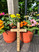 Handcrafted Christian Cross in reclaimed oak, 5 inches high, custom engraved.