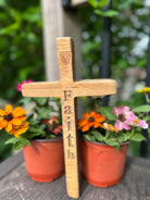 Handcrafted Christian Cross in reclaimed oak, 5 inches high, custom engraved.