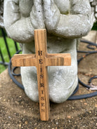 Handcrafted Christian Cross in reclaimed oak, 5 inches high, custom engraved.