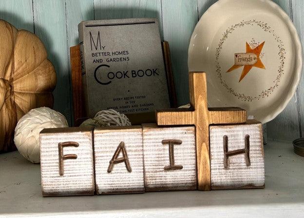 Tennessee handcrafted faith blocks with 6.25-inch cross on whitewashed pine for Christian decor.