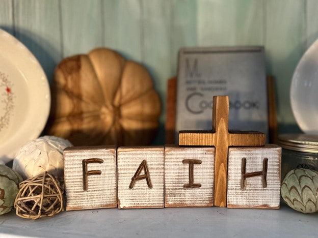Tennessee handcrafted faith blocks with 6.25-inch cross on whitewashed pine for Christian decor.