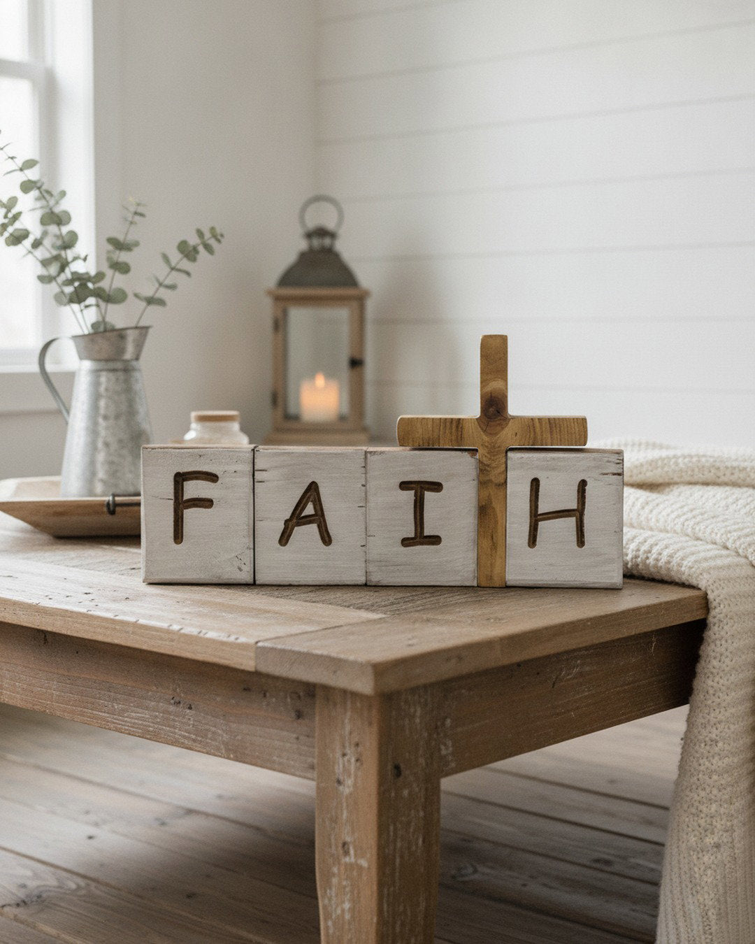 Tennessee handcrafted faith blocks with 6.25-inch cross on whitewashed pine for Christian decor. 	