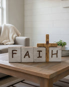 Tennessee handcrafted faith blocks with 6.25-inch cross on whitewashed pine for Christian decor. 	