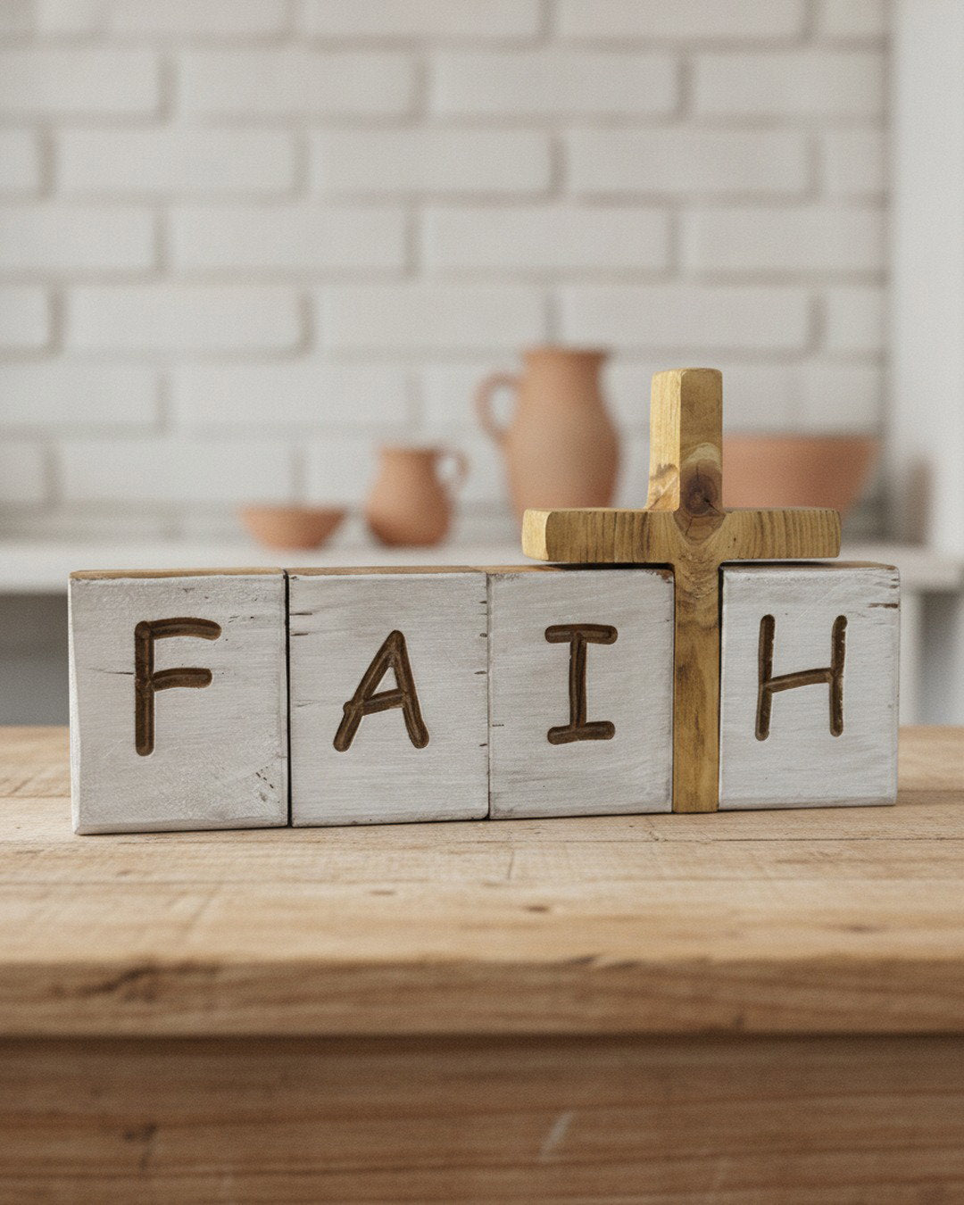 Tennessee handcrafted faith blocks with 6.25-inch cross on whitewashed pine for Christian decor. 	