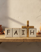 Tennessee handcrafted faith blocks with 6.25-inch cross on whitewashed pine for Christian decor. 	